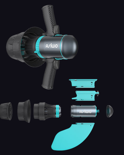 A dark product rendering above an exploded assembly view of the underwater scooter