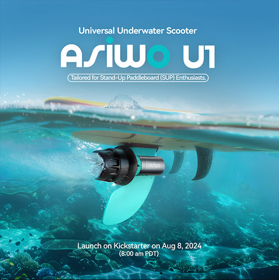 Asiwo U1 underwater scooter launch visual, set above and below turquoise water