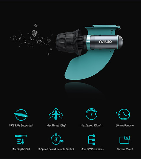 Asiwo scooter on a black background, paired with a grid of product-feature icons