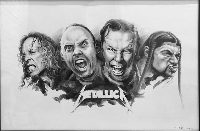 Black-ink portrait composition of the members of Metallica