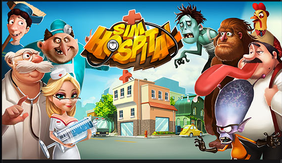 Sim Hospital title artwork with an ensemble of comic characters