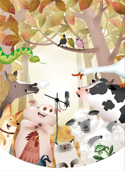 Animal ensemble beneath a tree, gathered around a microphone
