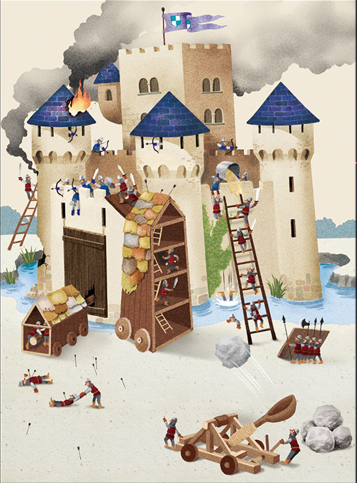 A storybook castle illustration with miniature figures