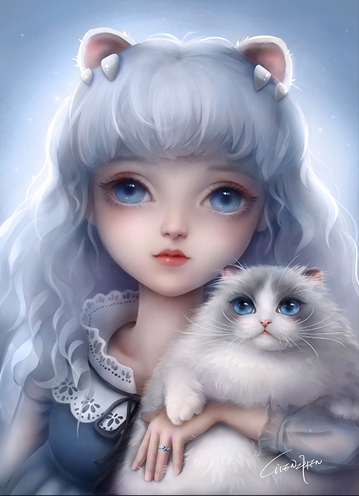 Digital portrait of a silver-haired girl holding a cat