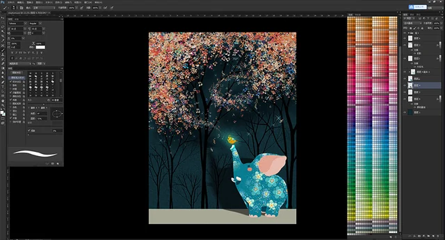 Illustration workspace showing a mouse beneath a flowering tree