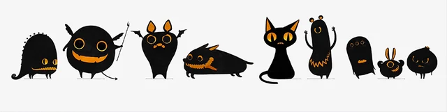 Nine black character silhouettes with orange accents