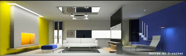 A home experience area with white, blue and yellow surfaces
