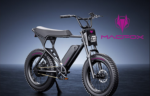 Electric-bike product presentation featuring dark metal, a long seat and magenta accents