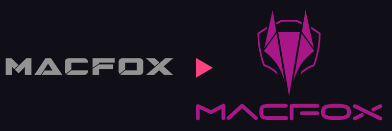 Macfox logo study: the original gray wordmark and a proposed angular fox emblem with a magenta wordmark