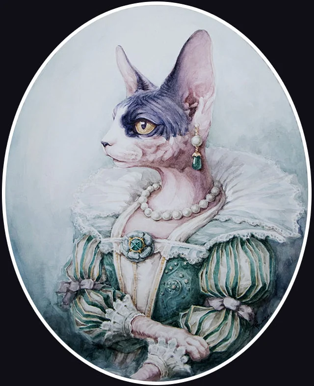 Oval watercolor Sphynx portrait in a historical costume