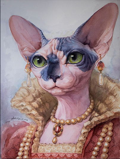 Watercolor Sphynx portrait with pearls and a rose-colored dress