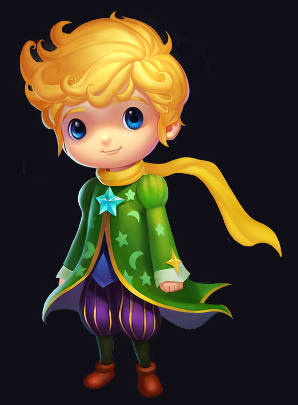 A young prince with blond hair, a star-patterned green coat and a yellow scarf