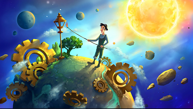 A daytime scene with a boy, a streetlamp and golden gears on a small planet beneath a large sun