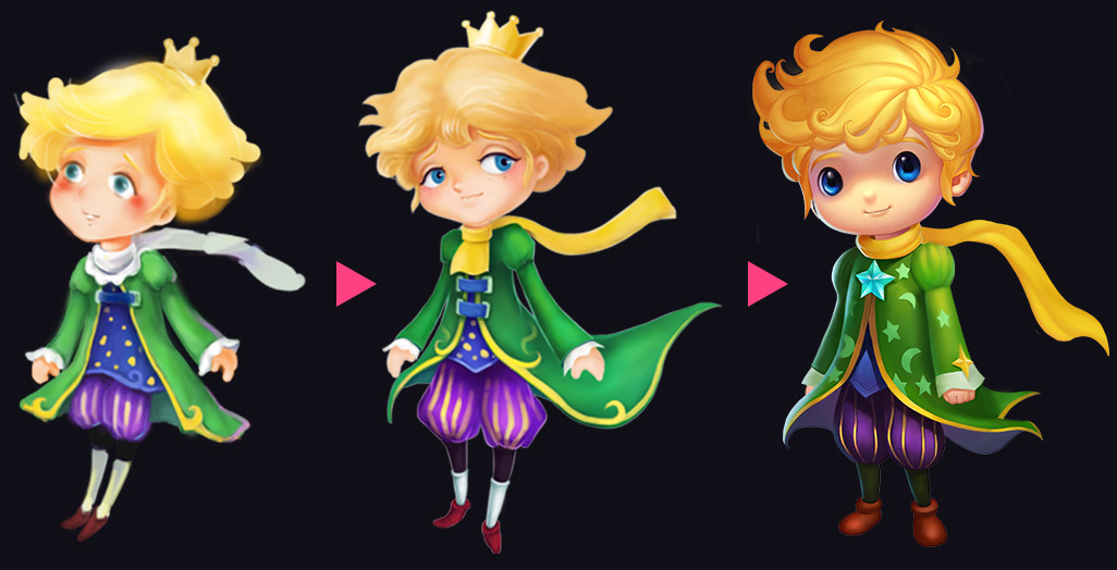 Three stages of prince character development, connected by arrows from a rough digital study to a finished design