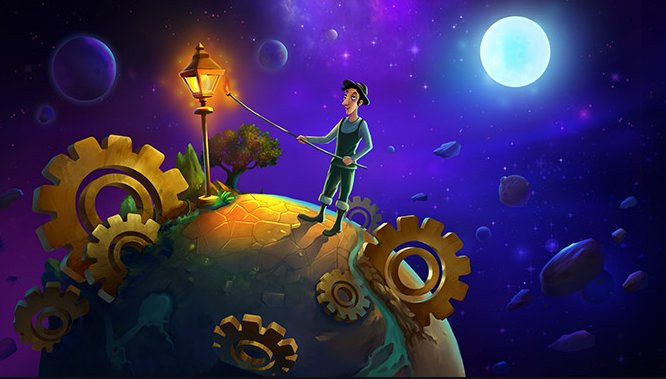 A nighttime variation of the small planet, with a glowing streetlamp, golden gears and a blue moon
