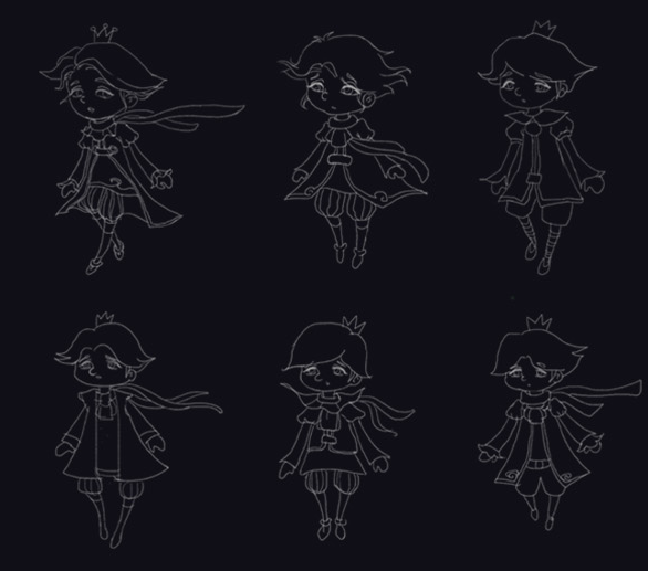 Six line sketches exploring the prince’s proportions, expression and full-body pose