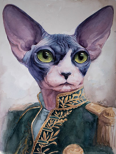 A painted portrait of a Sphynx cat with green eyes, wearing an ornamental dark jacket