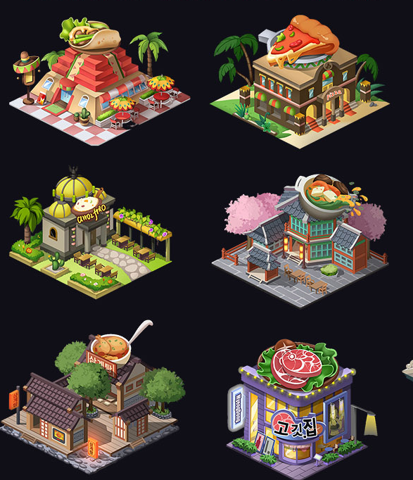 Six stylized game buildings, including a bakery, a café and themed restaurants
