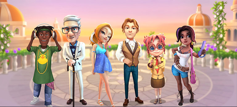 An ensemble of stylized town characters, with different ages, clothing and personalities