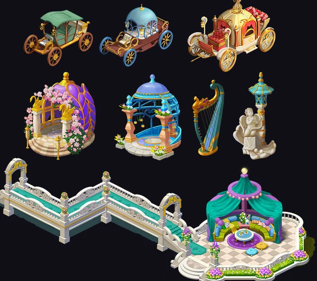 Carriages, pavilions, a bridge and town-decoration assets