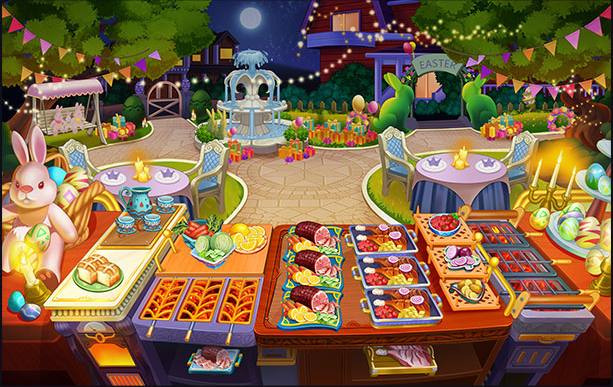 Easter-themed outdoor restaurant and serving station