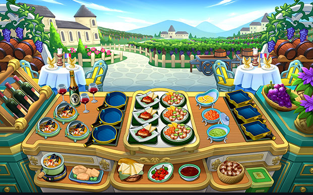 A colorful outdoor restaurant scene with a chef, dishes in the foreground and a waterfront town beyond