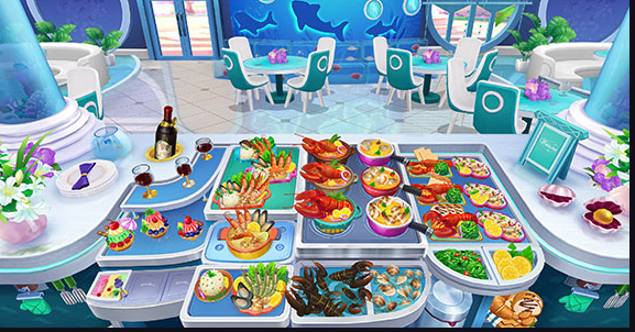 Blue-and-white seafood restaurant scene