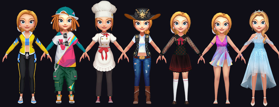 Seven costume variations for the same female character, including a chef, an adventurer and a princess