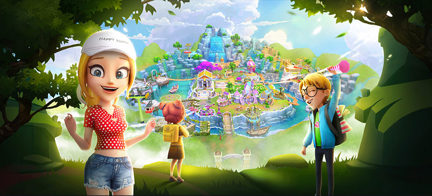 Promotional artwork with two stylized characters beside a sunny waterfront town
